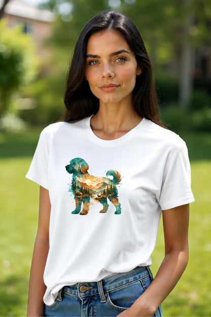 A woman wearing a white short-sleeve crewneck t-shirt featuring a watercolor-style graphic of a goldendoodle dog silhouette filled with a scenic landscape of mountains, trees, and a lake on a blurred outdoor background.