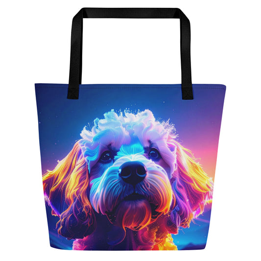 A tote bag with black handles featuring a vibrant, colorful illustration of a goldendoodle dog's face against a colorful evening sky background.