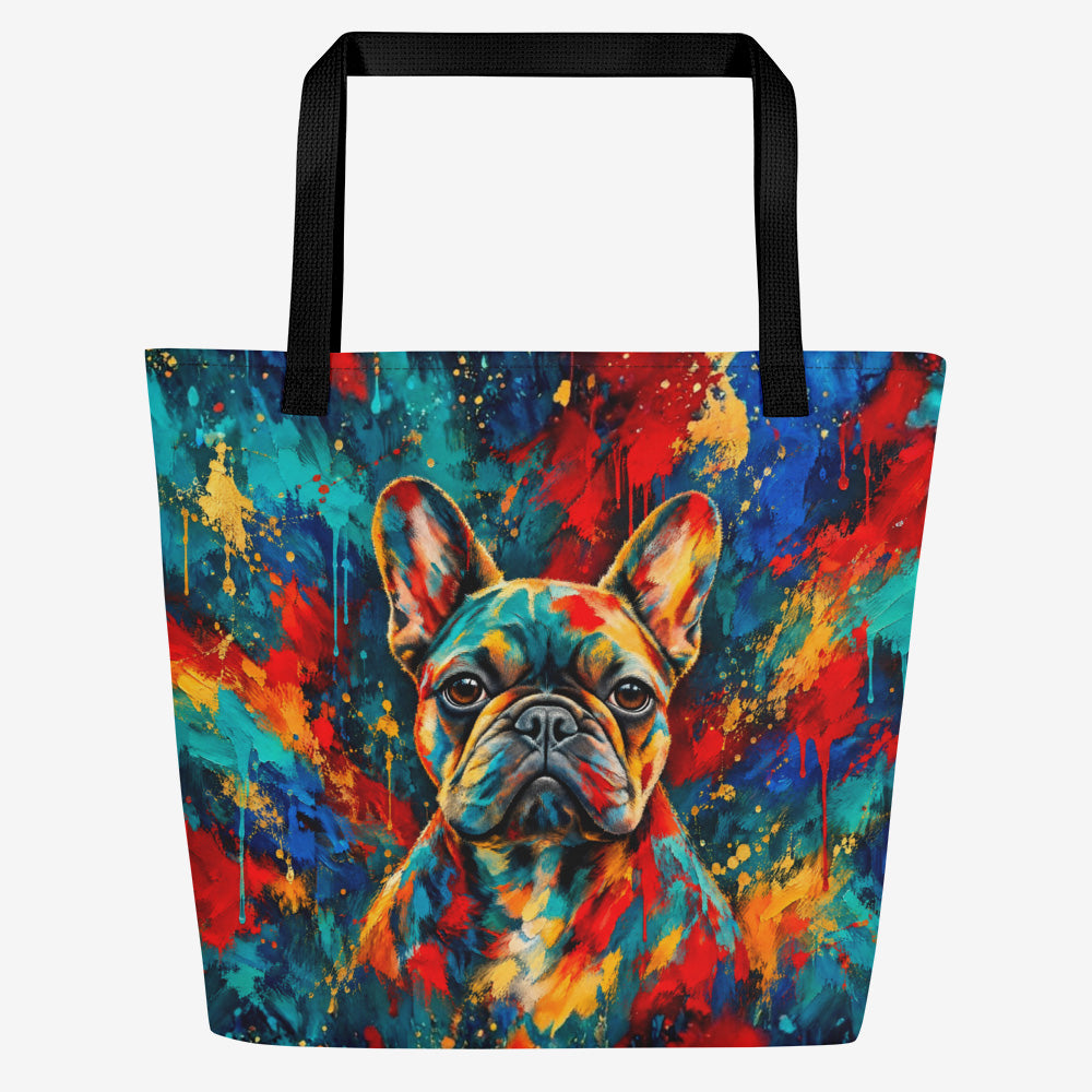 A tote bag with black shoulder straps, featuring a colorful abstract French Bulldog print on the front. The background of the print is a vibrant mix of blue, red, yellow, and orange paint splatters, with the dog's face rendered in blue, gray, and yellow tones.