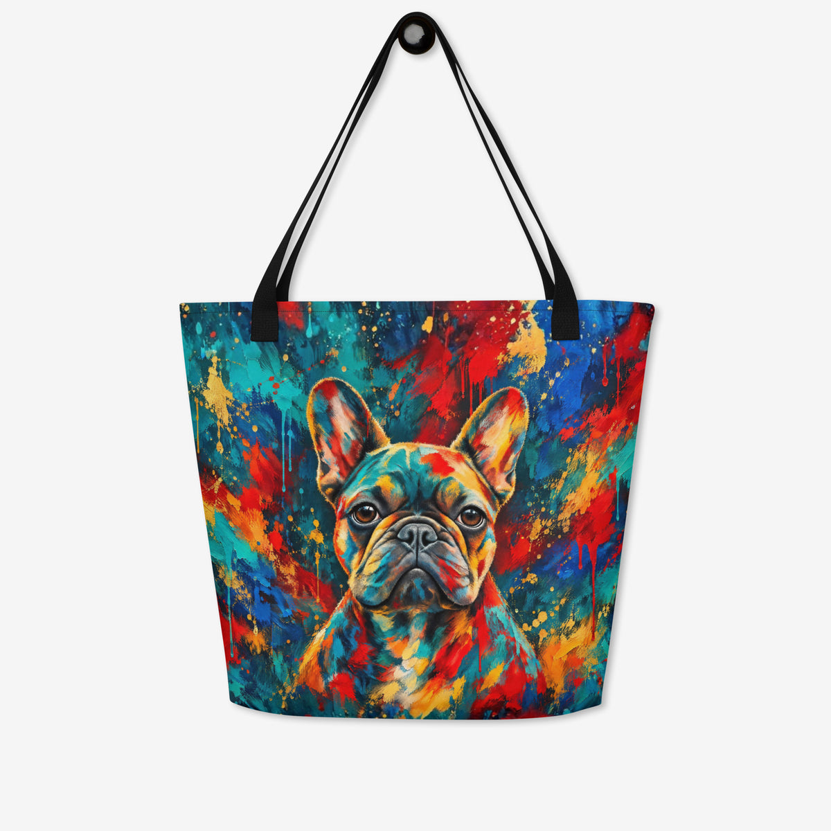 A tote bag with black shoulder straps, featuring a colorful abstract French Bulldog print on the front. The background of the print is a vibrant mix of blue, red, yellow, and orange paint splatters, with the dog's face rendered in blue, gray, and yellow tones.