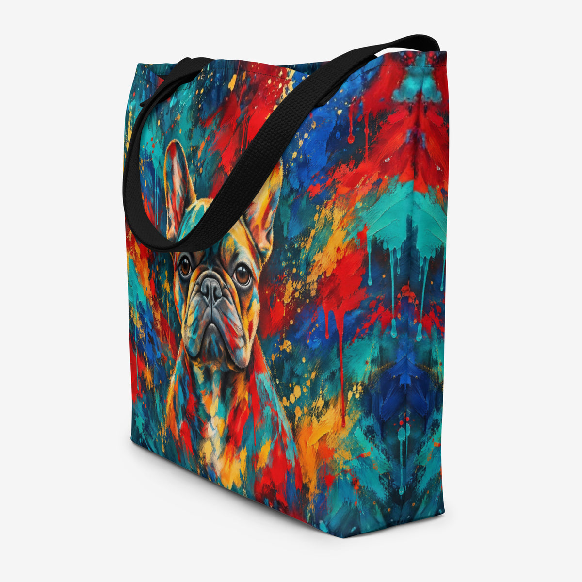 A tote bag with black shoulder straps, featuring a colorful abstract French Bulldog print on the front. The background of the print is a vibrant mix of blue, red, yellow, and orange paint splatters, with the dog's face rendered in blue, gray, and yellow tones.