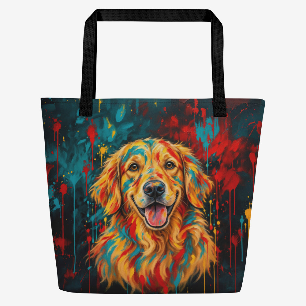 A tote bag with black handles featuring a colorful, textured painting of a golden retriever's face in warm orange, yellow, and red tones against a colorful background with teal, red, and yellow paint splashes.