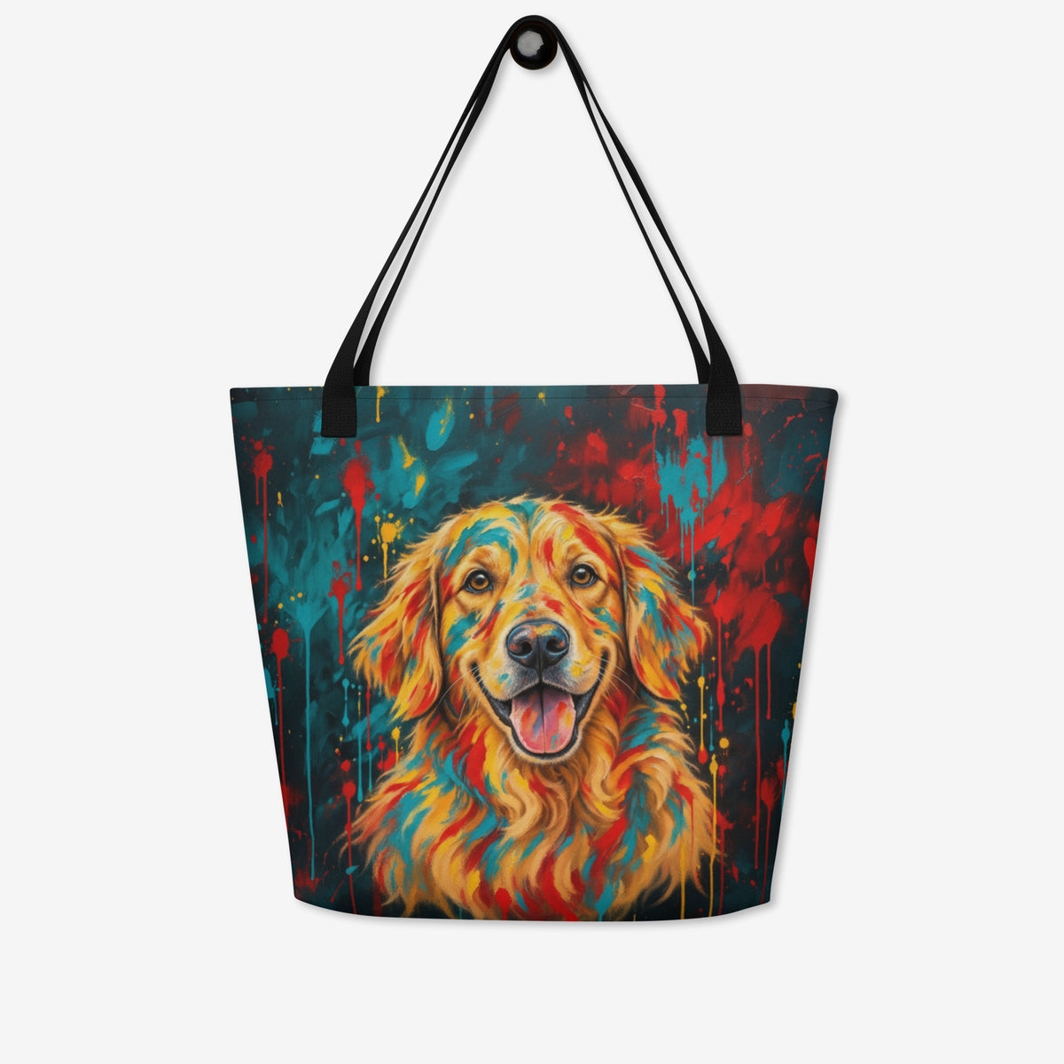 A tote bag with black handles featuring a colorful, textured painting of a golden retriever's face in warm orange, yellow, and red tones against a colorful background with teal, red, and yellow paint splashes.