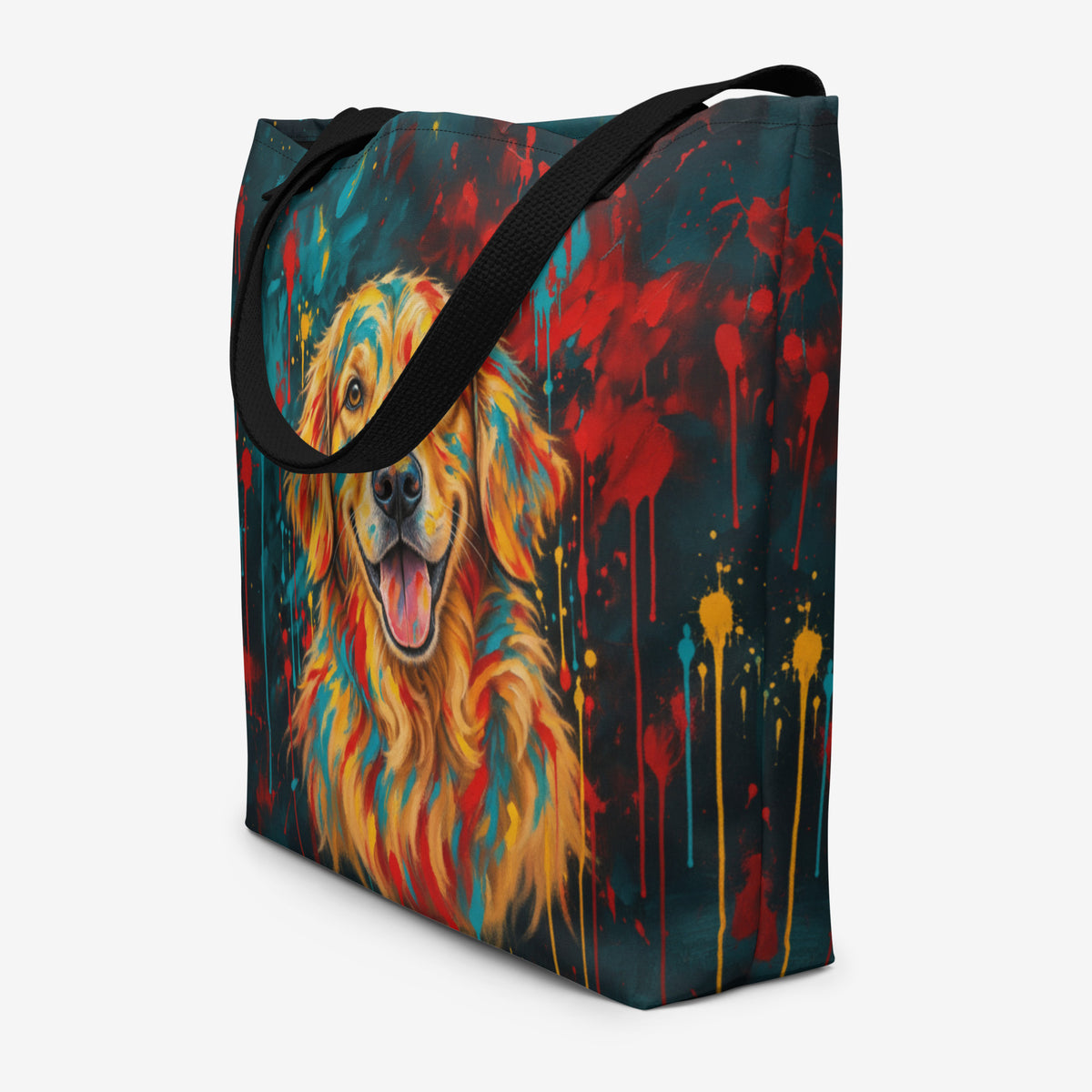 A tote bag with black handles featuring a colorful, textured painting of a golden retriever's face in warm orange, yellow, and red tones against a colorful background with teal, red, and yellow paint splashes.