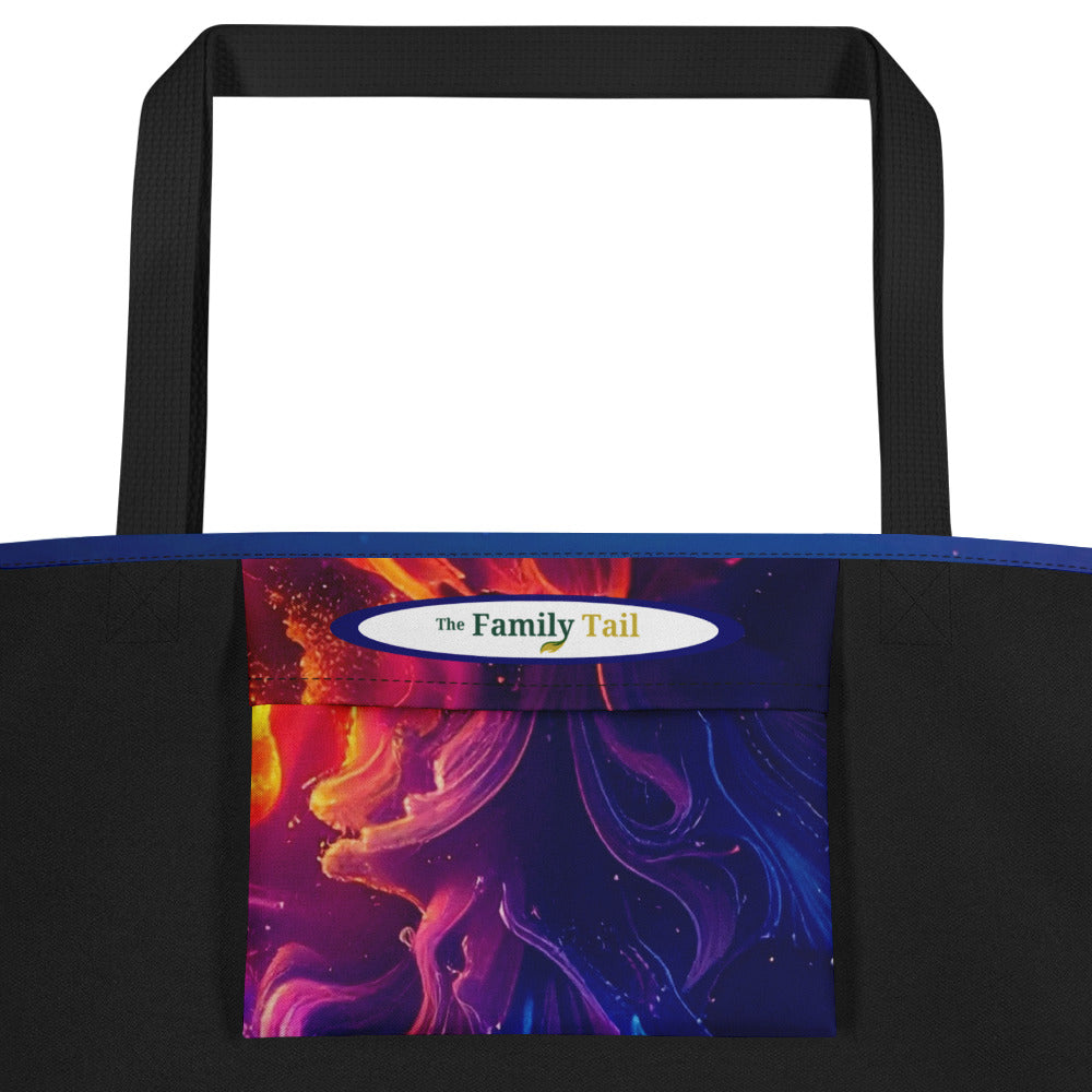 Closeup view of the exterior of the inside pocket of the goldendoodle tote with deep red, purple, and orange colors and The Family Tail logo.