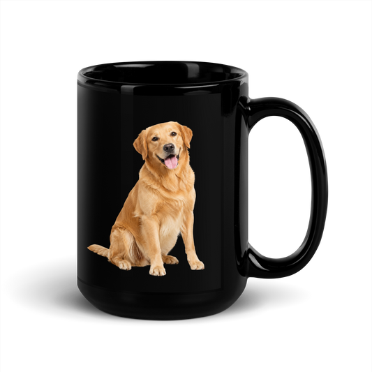 Golden Retriever design on black glossy ceramic mug, 15 oz