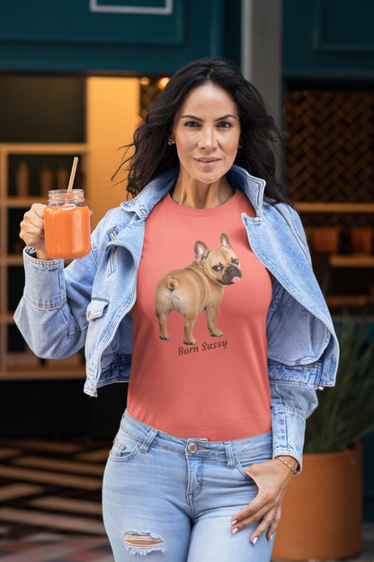 Frenchie Born Sassy tee in coral silk – front view