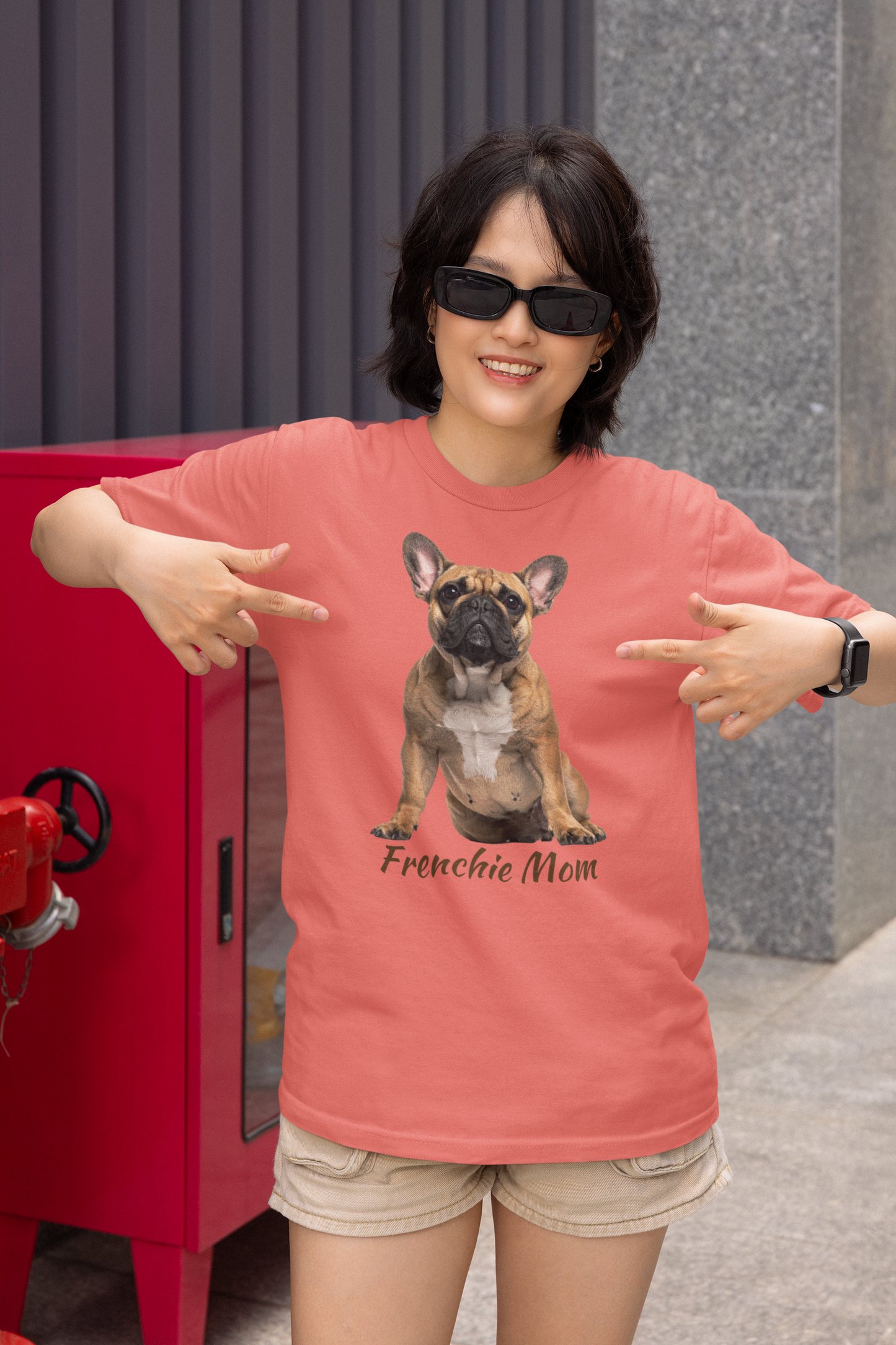 Frenchie Mom tee in coral silk – front view