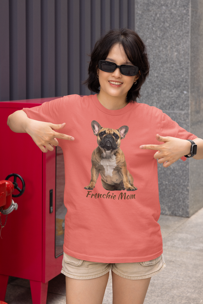 Frenchie Mom tee in coral silk – front view