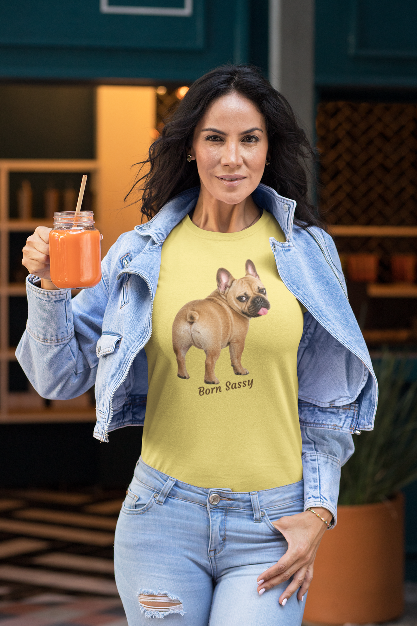 Frenchie Born Sassy tee in cornsilk – front view
