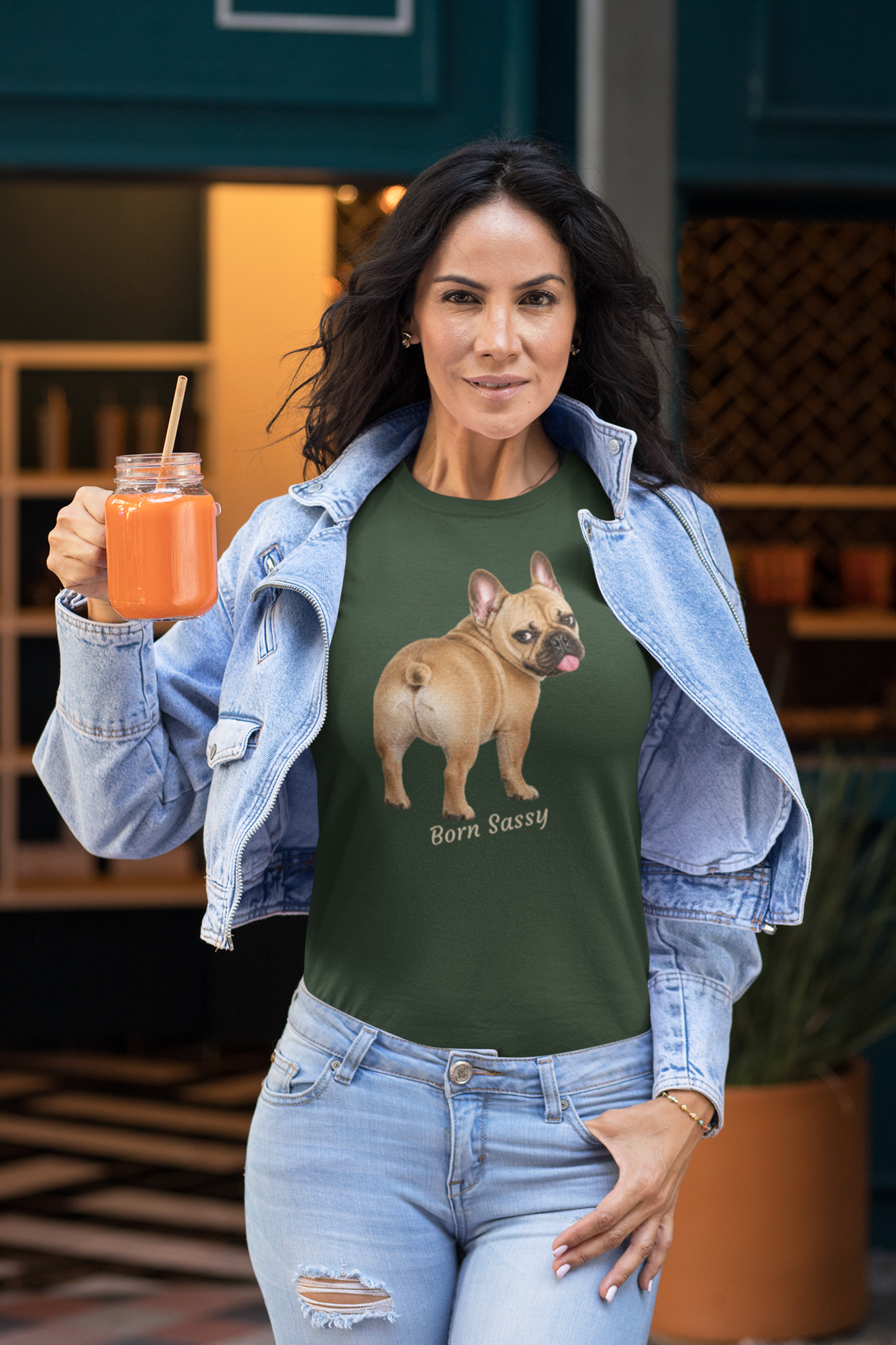Frenchie Born Sassy tee in forest green – front view