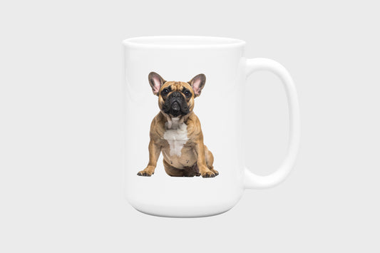 A white ceramic mug featuring a printed graphic of a French Bulldog sitting down, set against a plain light gray background.