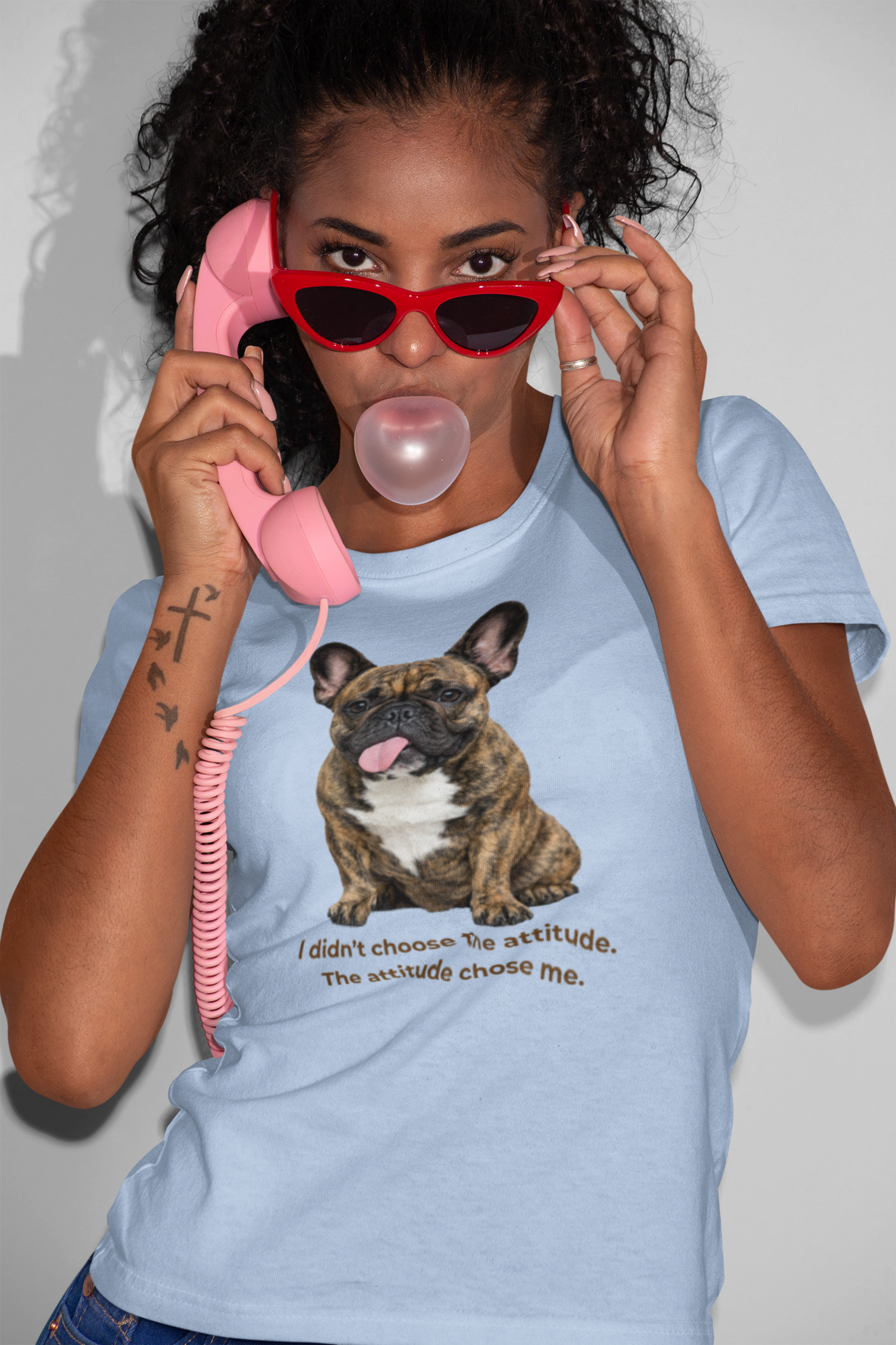 Frenchie Attitude tee in light blue – front view