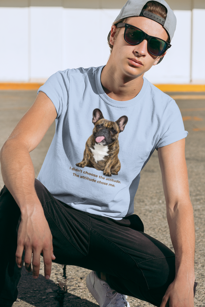 Frenchie Attitude tee in light blue – front view