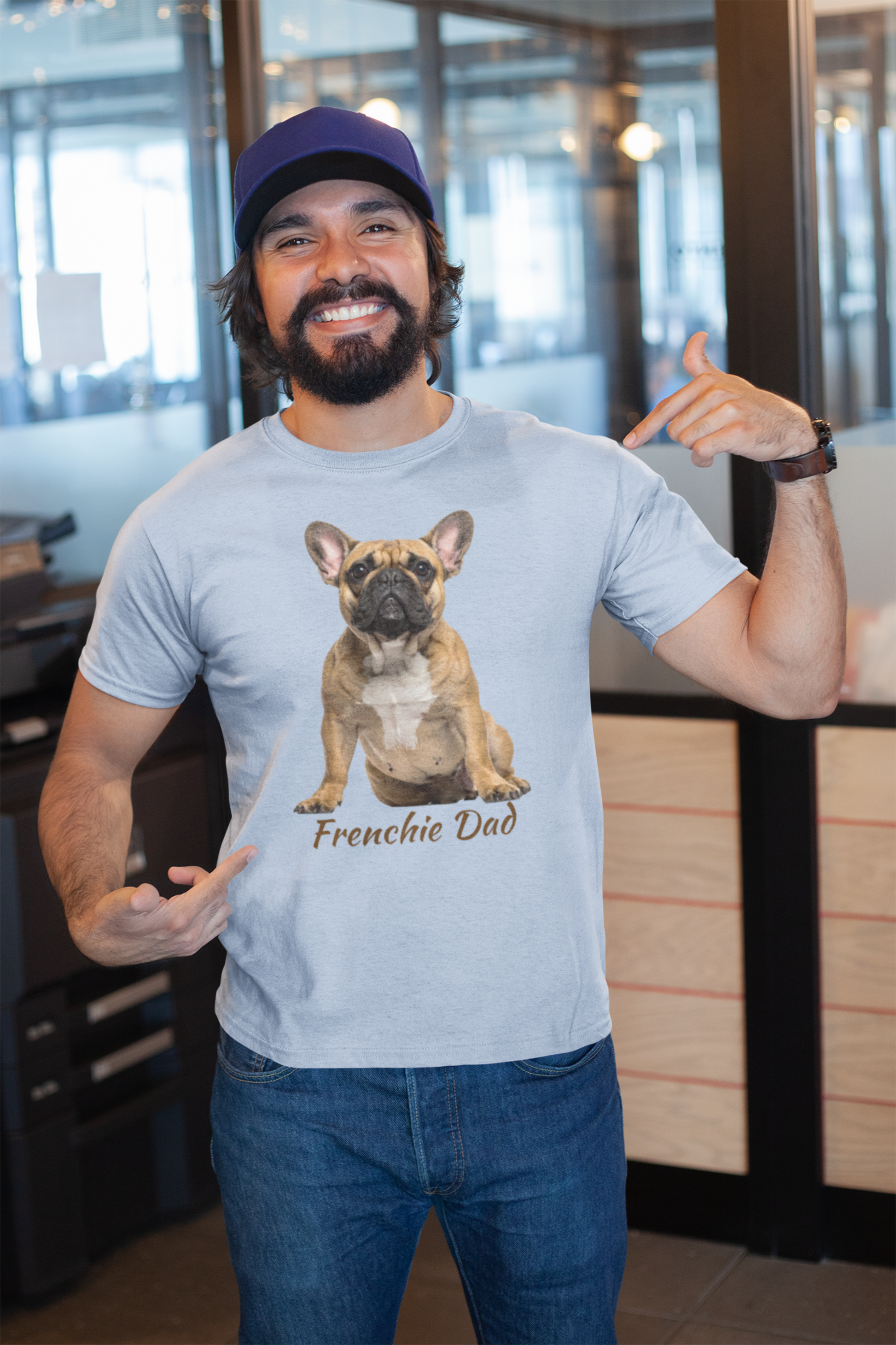Frenchie Dad tee in light blue – front view