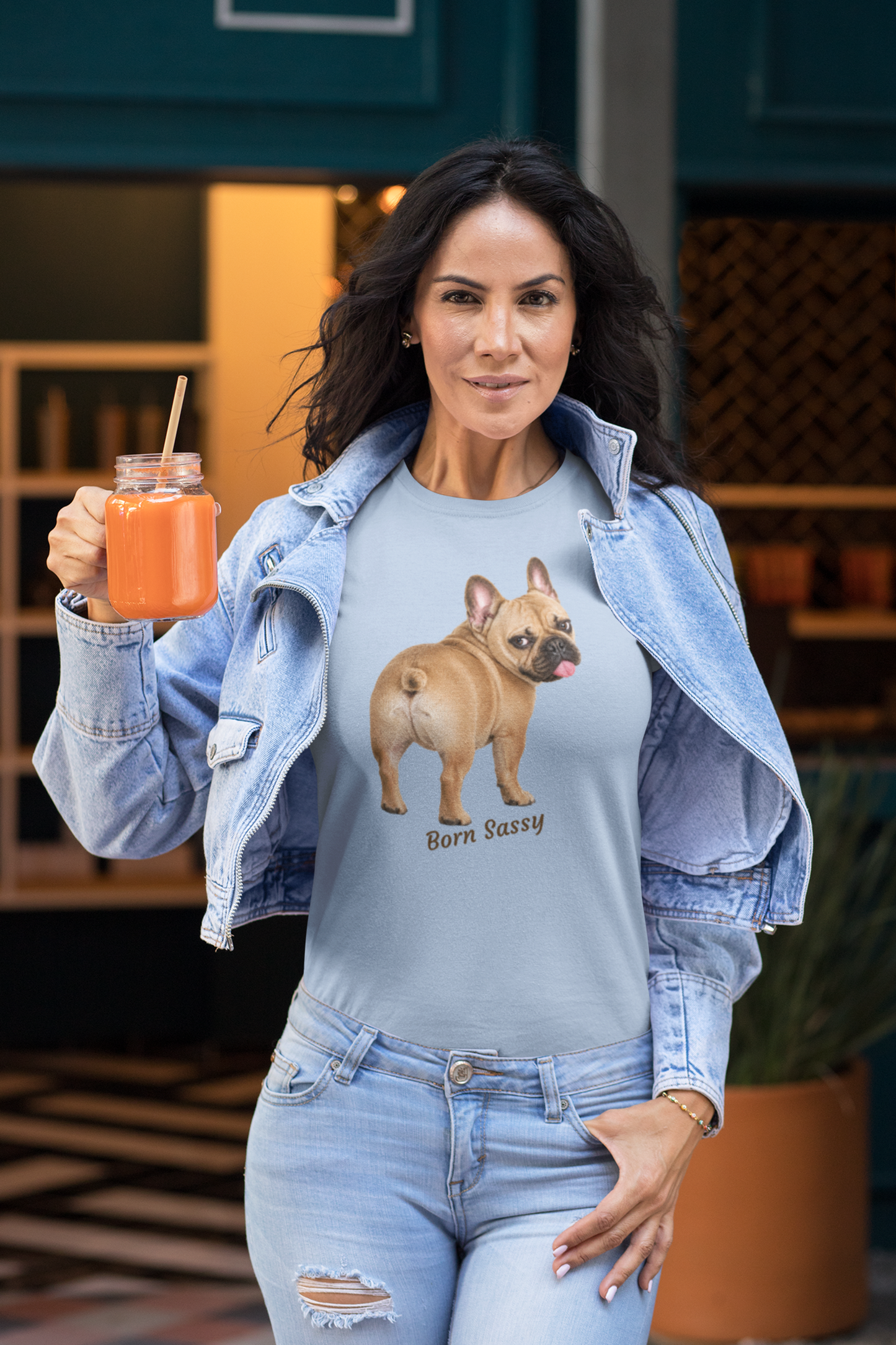 Frenchie Born Sassy tee in light blue – front view