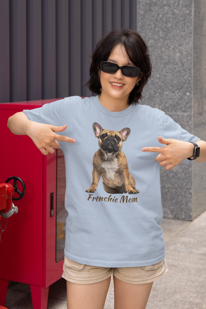 Frenchie Mom tee in light blue – front view