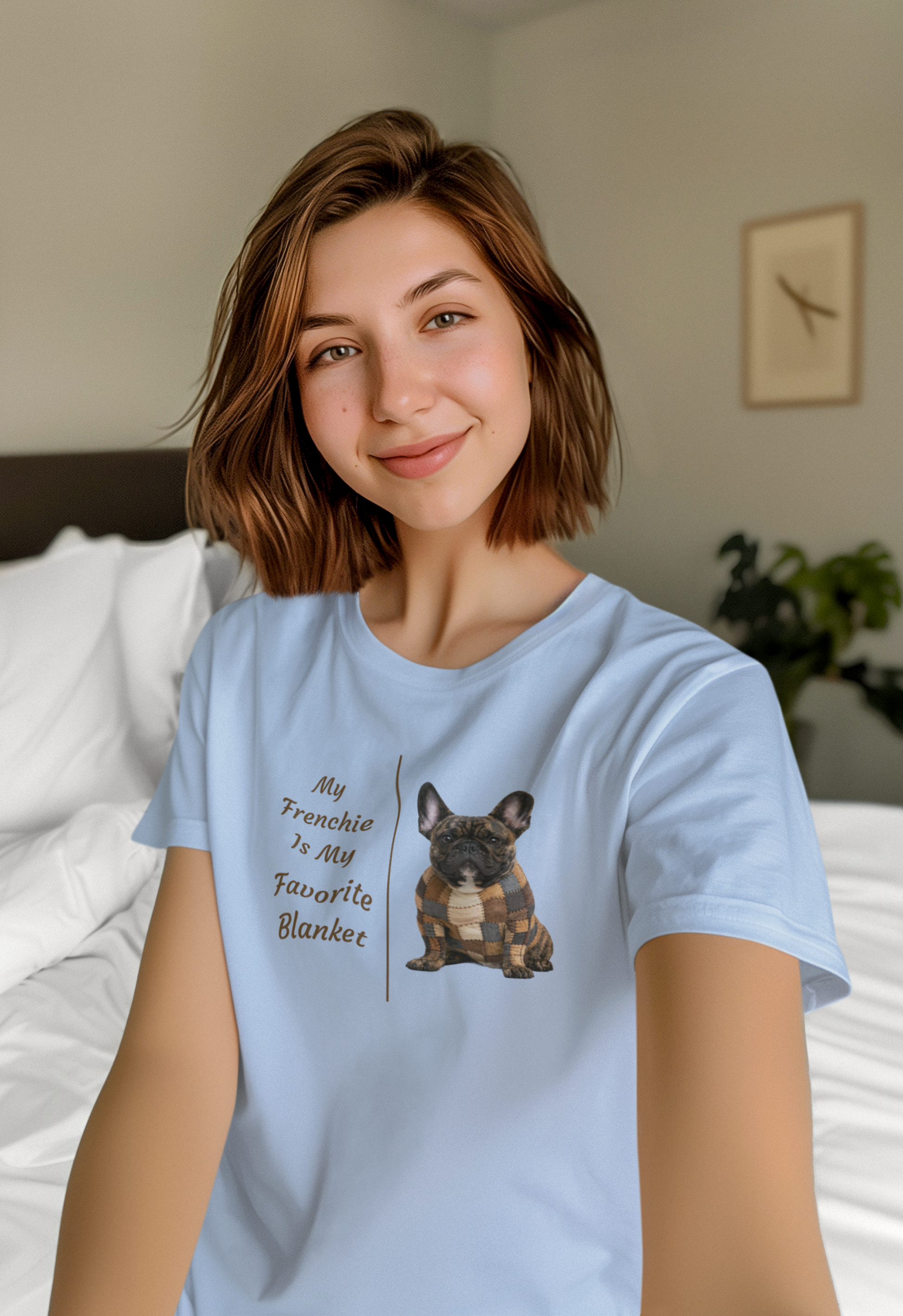 My Frenchie Is My Favorite Blanket tee in light blue – front view