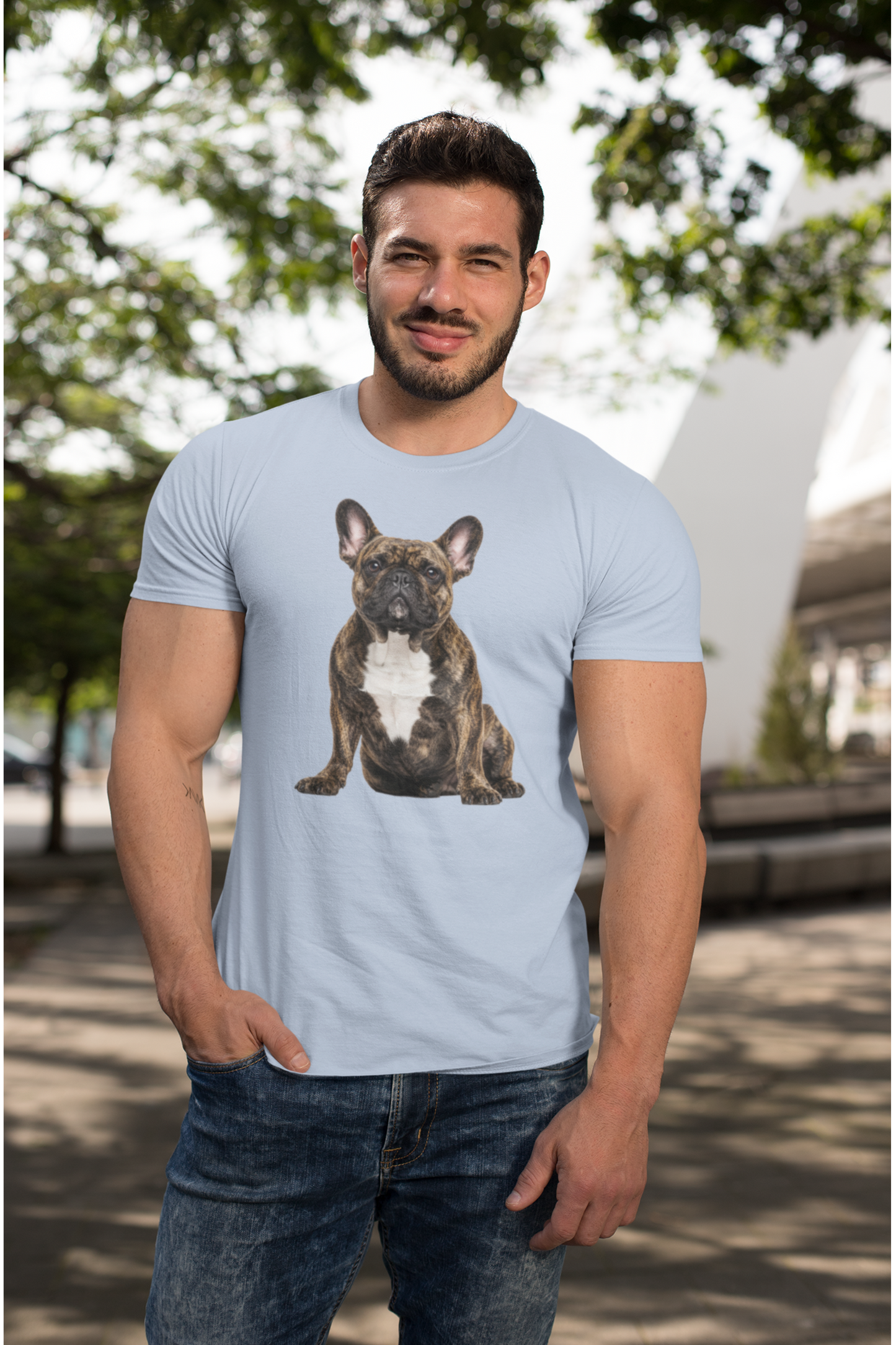 Brindle Frenchie Tee in light blue – front view