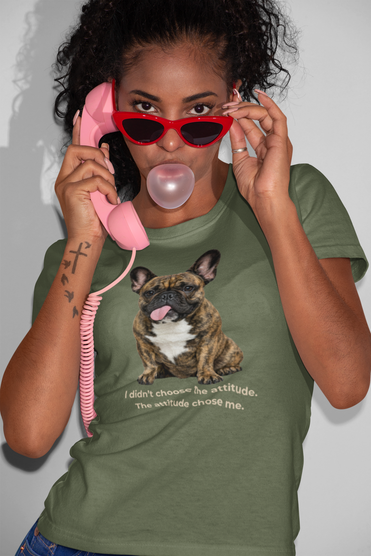 Frenchie Attitude tee in military green – front view