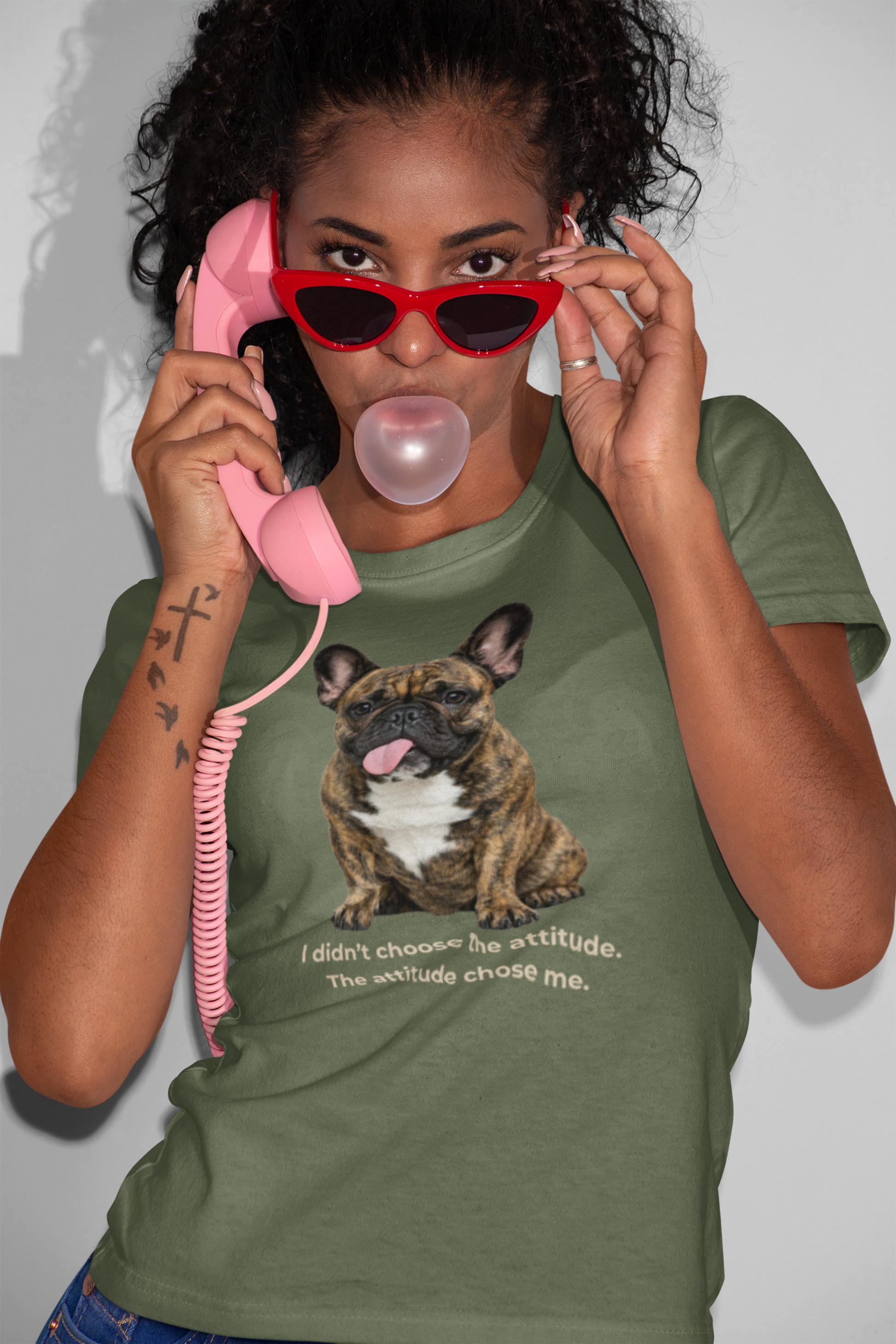 Frenchie Attitude tee in military green – front view
