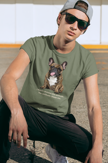 Frenchie Attitude tee in military green – front view