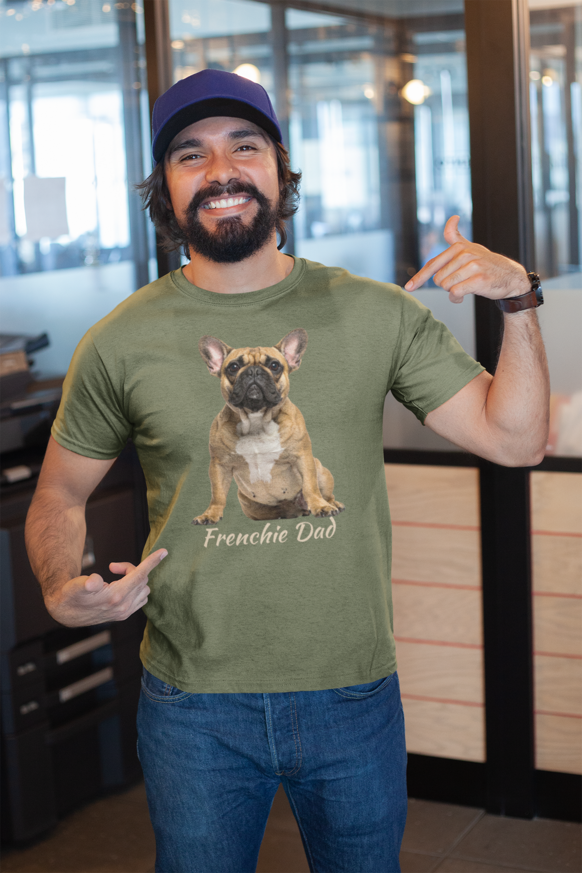 Frenchie Dad tee in military green – front view