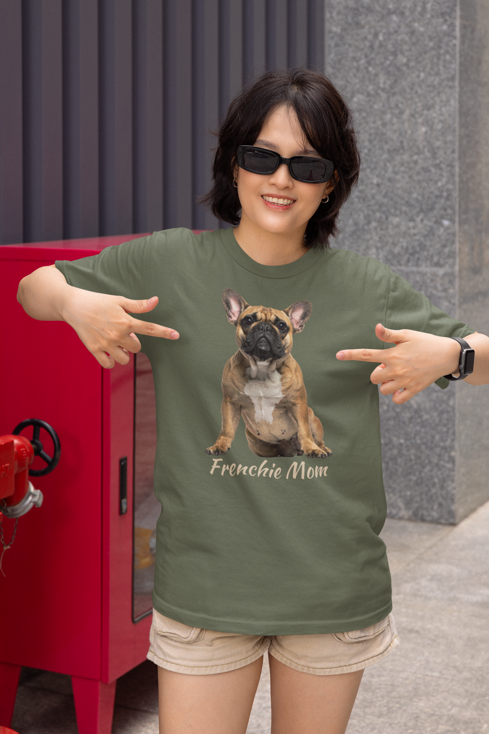 Frenchie Mom tee in military green – front view