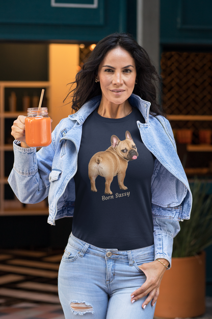 Frenchie Born Sassy tee in navy – front view