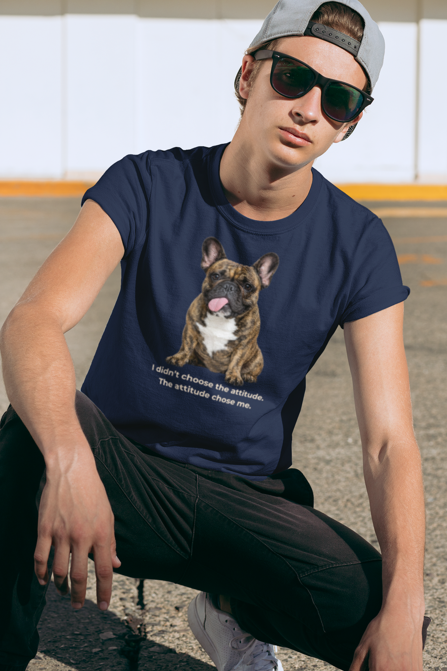 Frenchie Attitude tee in navy – front view