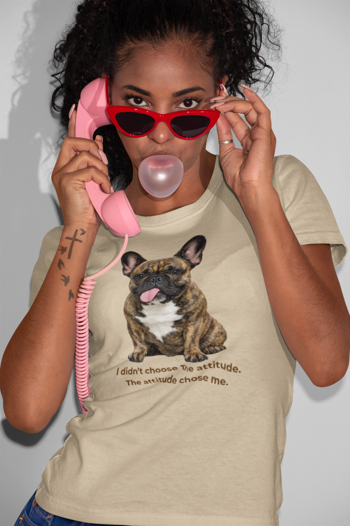 Frenchie Attitude tee in sand – front view