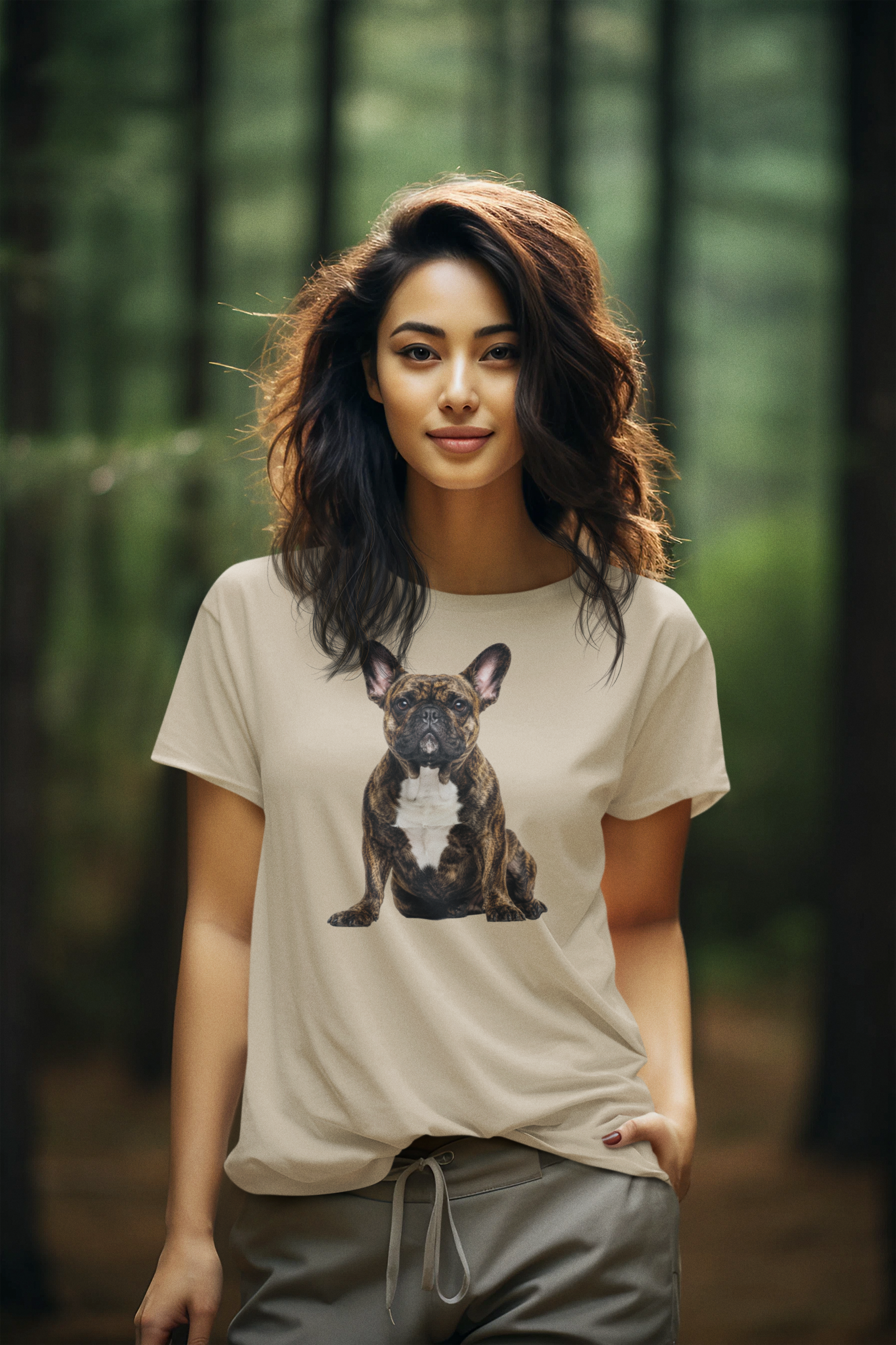 Brindle Frenchie Tee in sand – front view