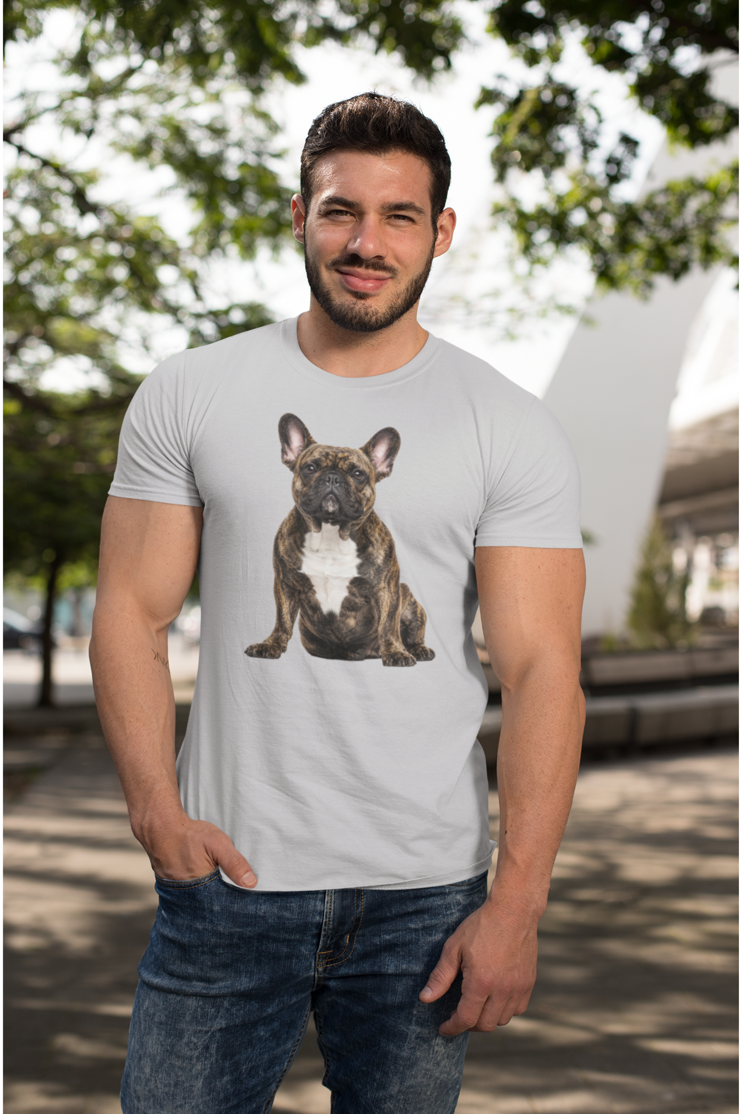 Brindle Frenchie Tee in sport gray – front view