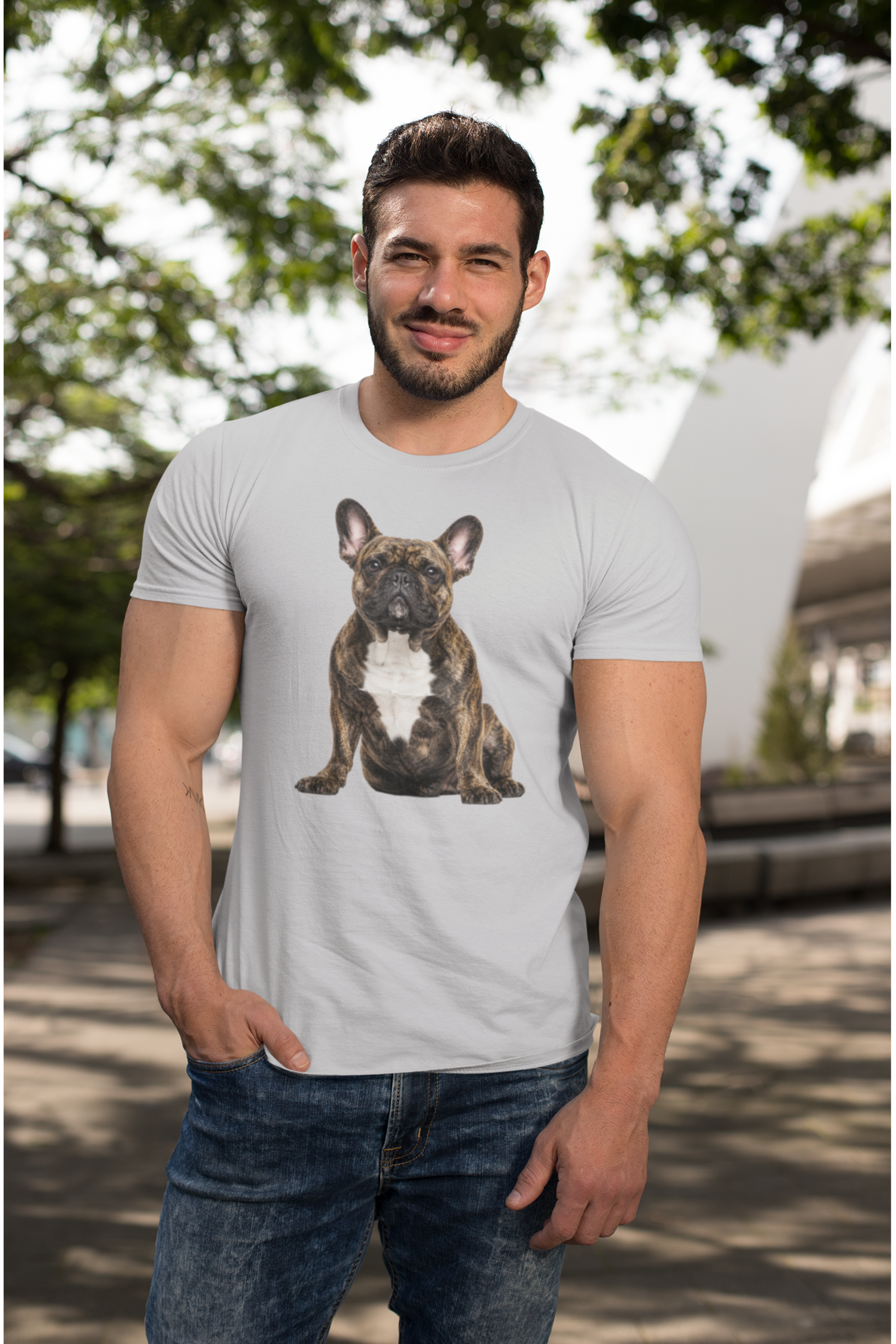 Brindle Frenchie Tee in sport gray – front view