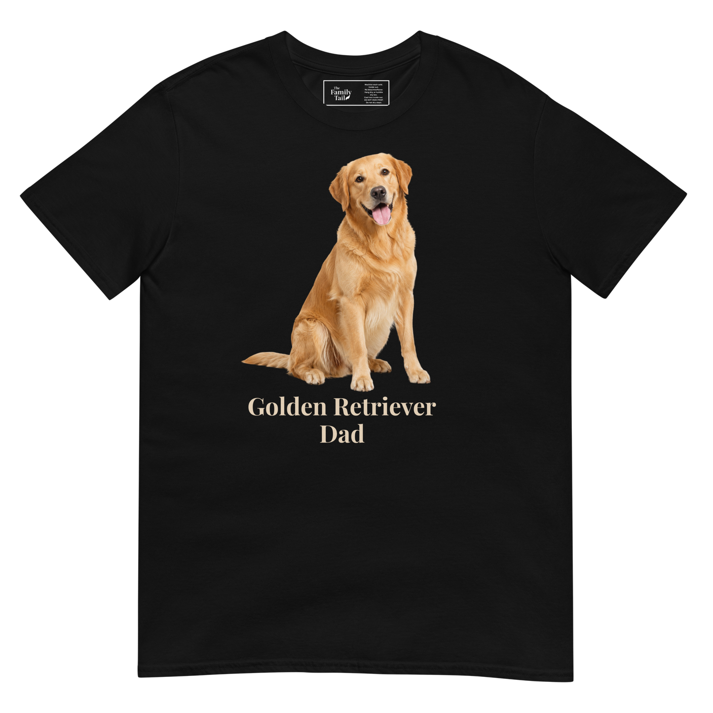 A black short-sleeve t-shirt with a graphic of a golden retriever dog sitting above the text 'Golden Retriever Dad' in beige font, shown on a transparent background.