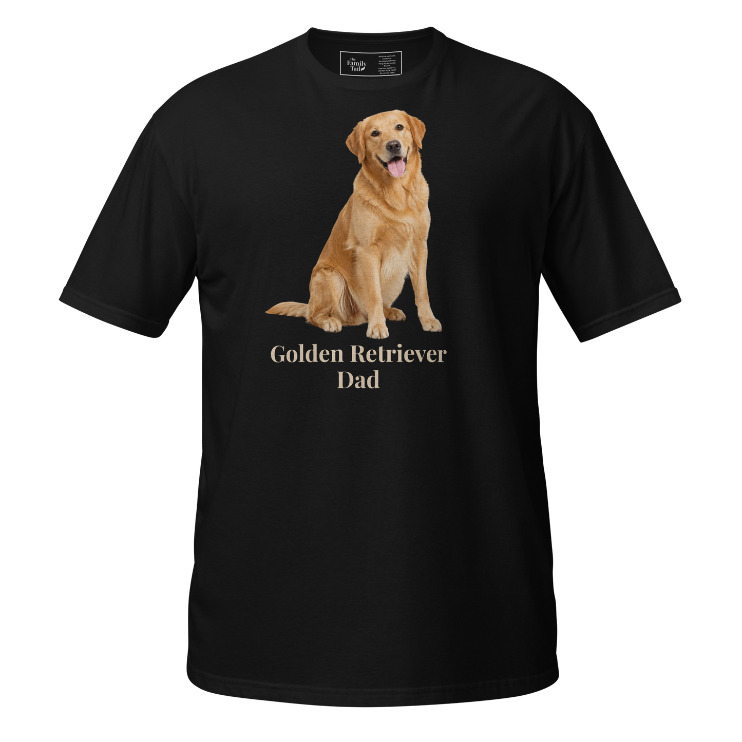 A black short-sleeve t-shirt with a graphic of a golden retriever dog sitting above the text 'Golden Retriever Dad' in beige font, shown on a transparent background.