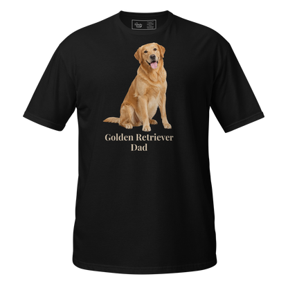 A black short-sleeve t-shirt with a graphic of a golden retriever dog sitting above the text 'Golden Retriever Dad' in beige font, shown on a transparent background.