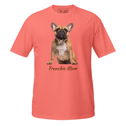 Frenchie Mom tee in coral silk – front view