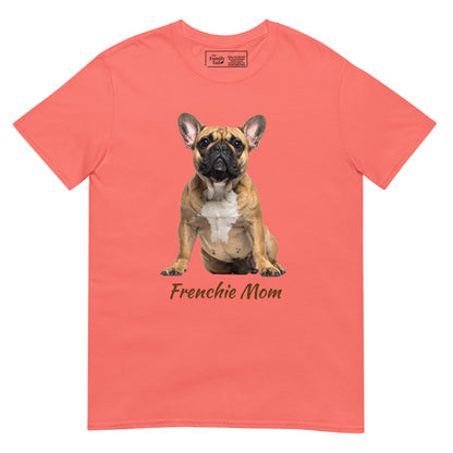 Frenchie Mom tee in coral silk – front view