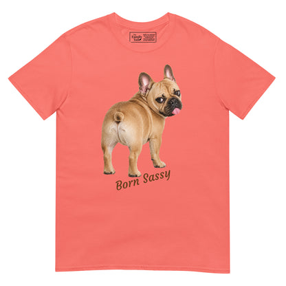 Frenchie Born Sassy tee in coral silk – front view