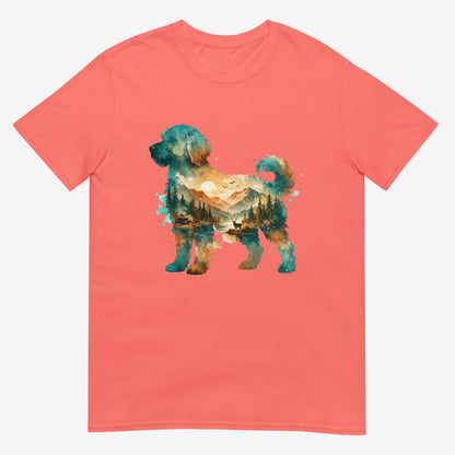 A coral silk colored short-sleeve crewneck t-shirt featuring a watercolor-style graphic of a goldendoodle dog silhouette filled with a scenic landscape of mountains, trees, and a lake.