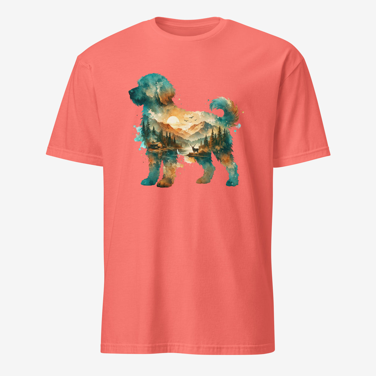 A coral silk colored short-sleeve crewneck t-shirt featuring a watercolor-style graphic of a goldendoodle dog silhouette filled with a scenic landscape of mountains, trees, and a lake.