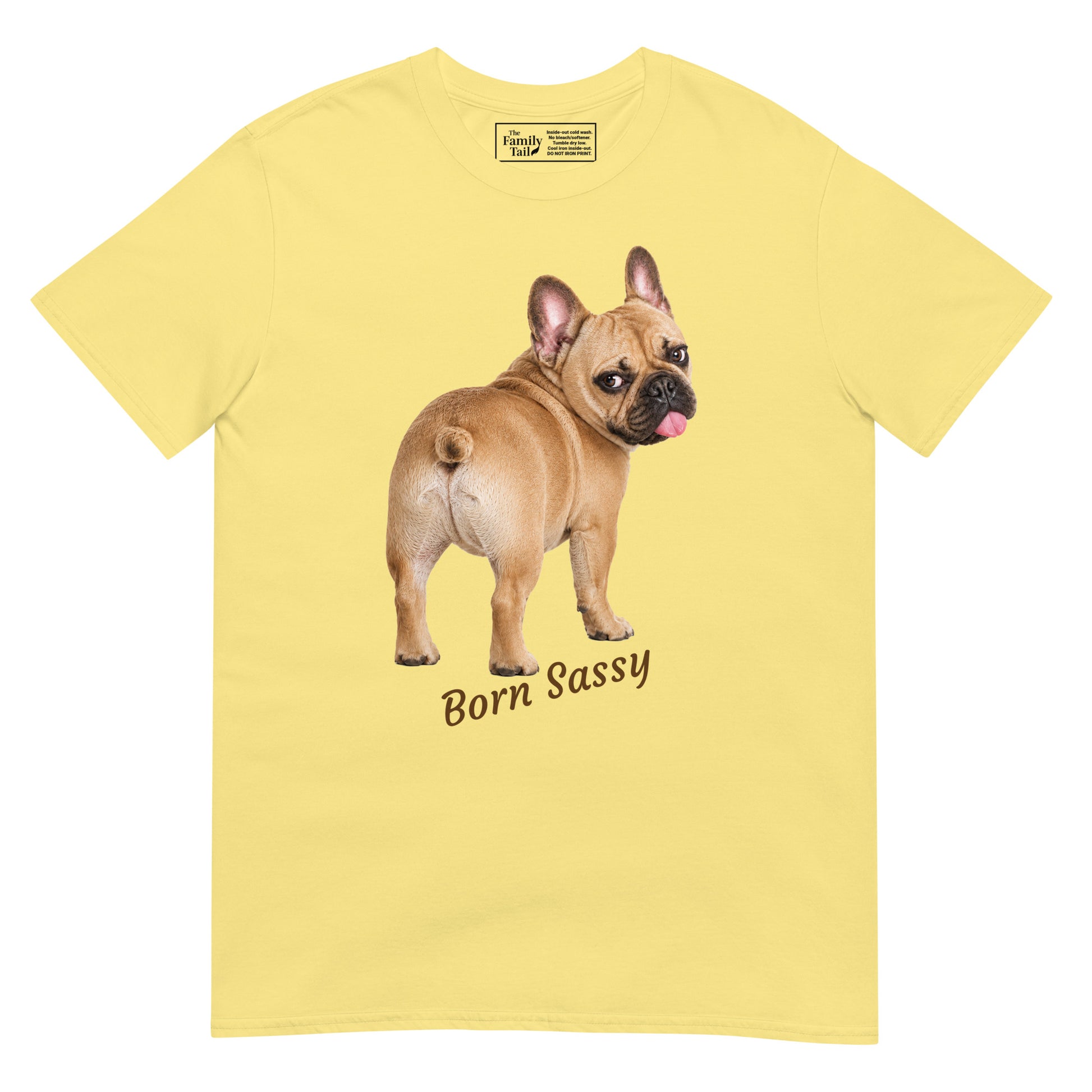 Frenchie Born Sassy tee in cornsilk – front view