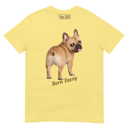 Frenchie Born Sassy tee in cornsilk – front view