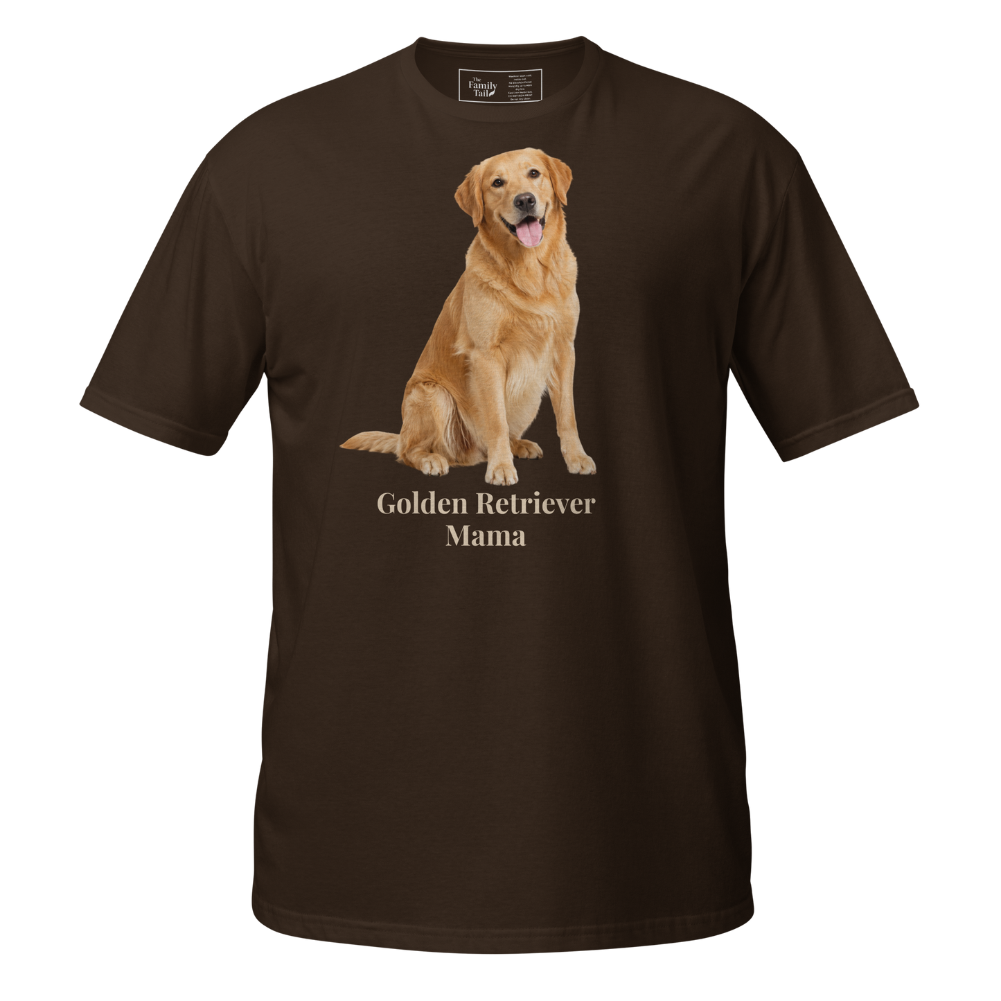 A dark chocolate short-sleeve crewneck t-shirt featuring a graphic print of a golden retriever dog sitting above the text 'Golden Retriever Mama' in a light beige font on a transparent background.