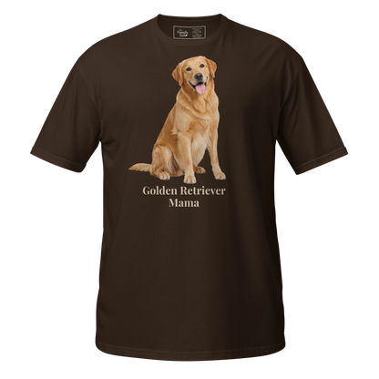 A dark chocolate short-sleeve crewneck t-shirt featuring a graphic print of a golden retriever dog sitting above the text 'Golden Retriever Mama' in a light beige font on a transparent background.