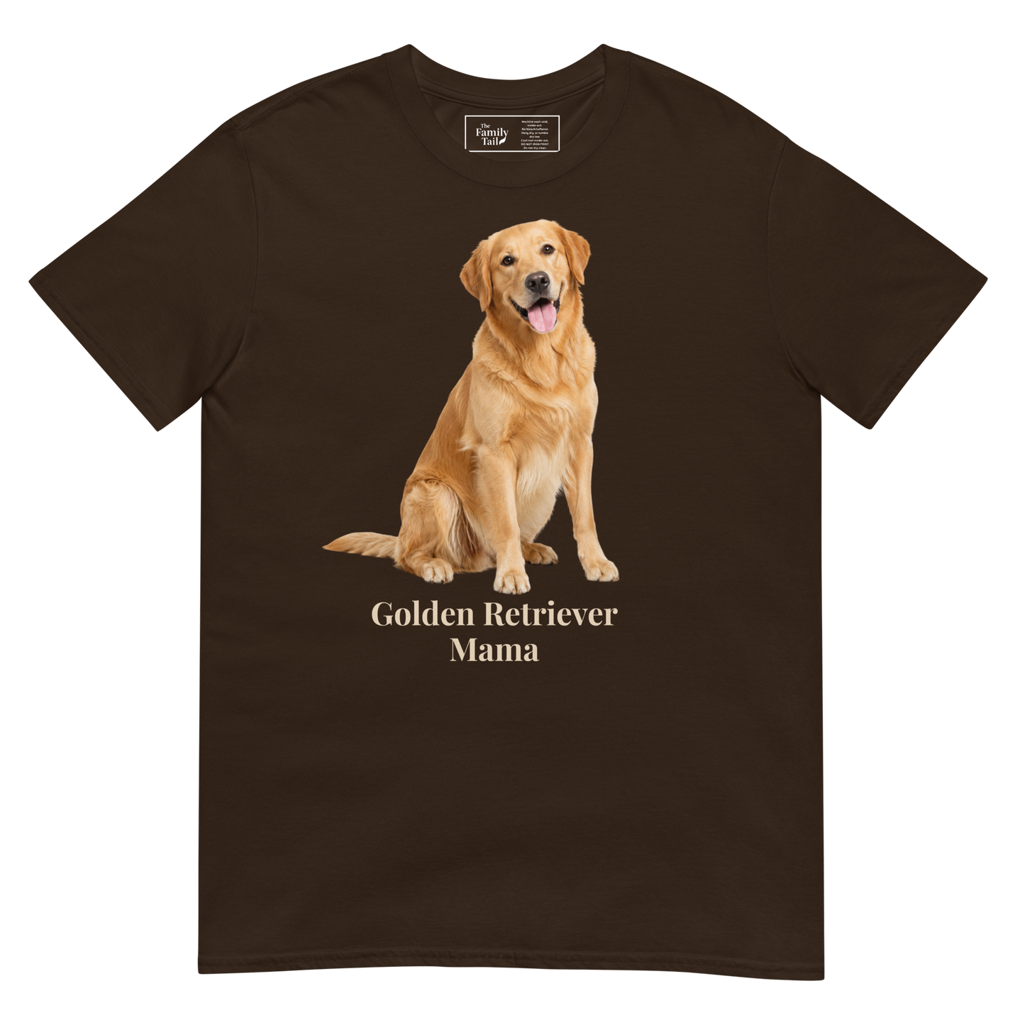 A dark chocolate short-sleeve crewneck t-shirt featuring a graphic print of a golden retriever dog sitting above the text 'Golden Retriever Mama' in a light beige font on a transparent background.