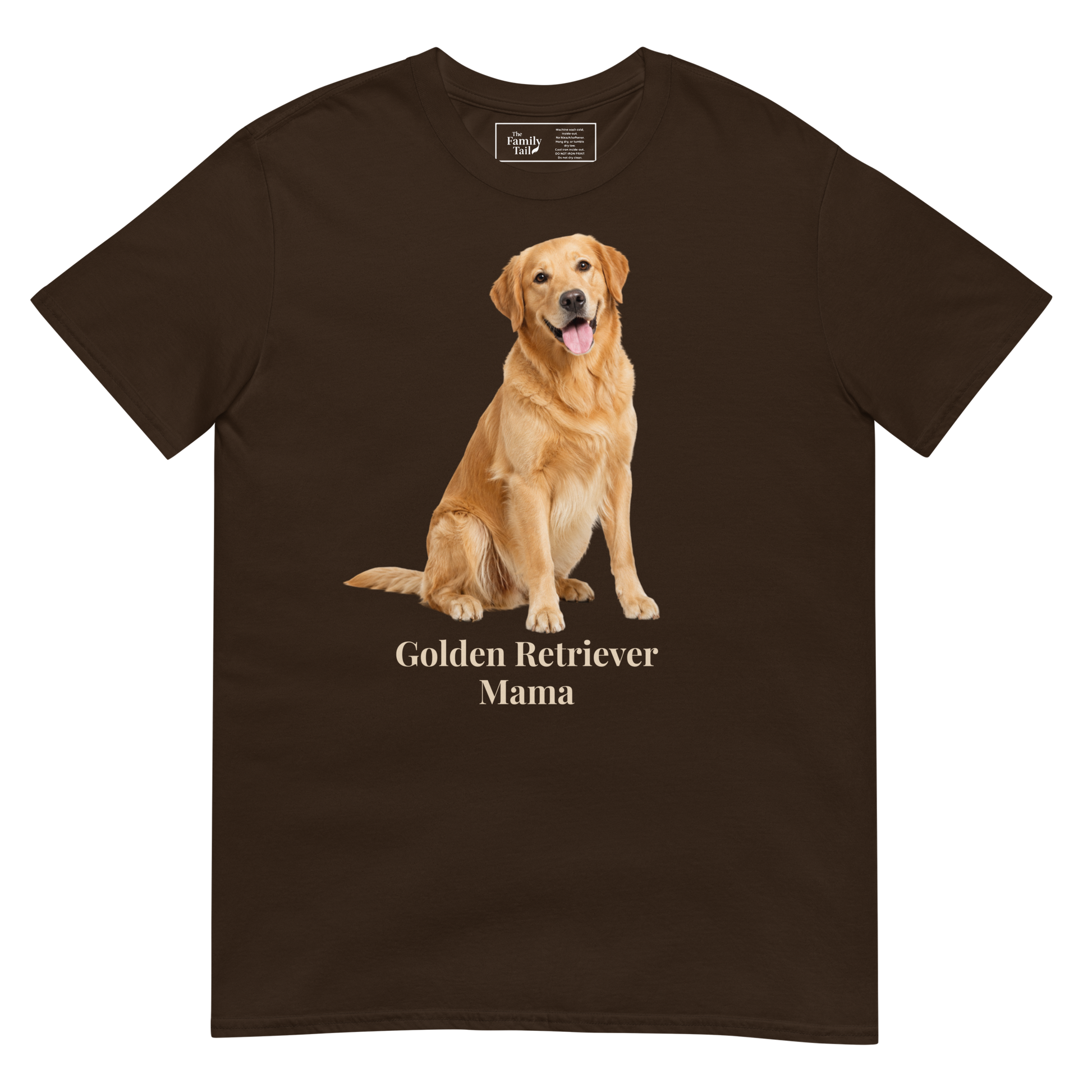 A dark chocolate short-sleeve crewneck t-shirt featuring a graphic print of a golden retriever dog sitting above the text 'Golden Retriever Mama' in a light beige font on a transparent background.