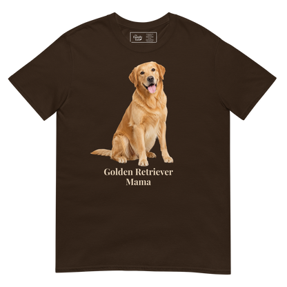 A dark chocolate short-sleeve crewneck t-shirt featuring a graphic print of a golden retriever dog sitting above the text 'Golden Retriever Mama' in a light beige font on a transparent background.