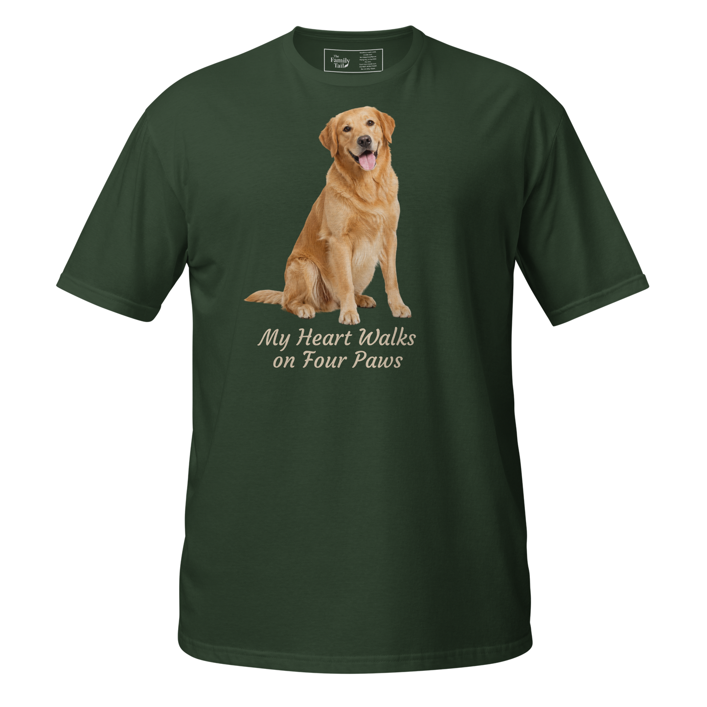 Golden Retriever — My Heart Walks on Four Paws tee in Forest 
Green – front view